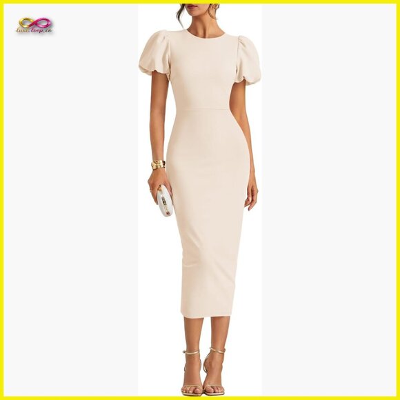 Dresses & Skirts - Elegant Bodycon Midi Dress Short Sleeve Formal Wedding Guest Cocktail Party